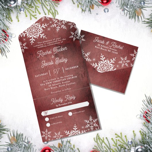 Rustieke winter sneeuwvlokken rode kerst bruiloft all in one uitnodiging