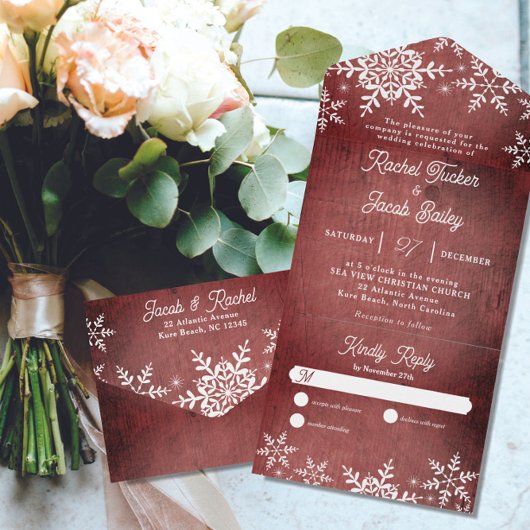 Rustieke winter sneeuwvlokken rode kerst bruiloft all in one uitnodiging