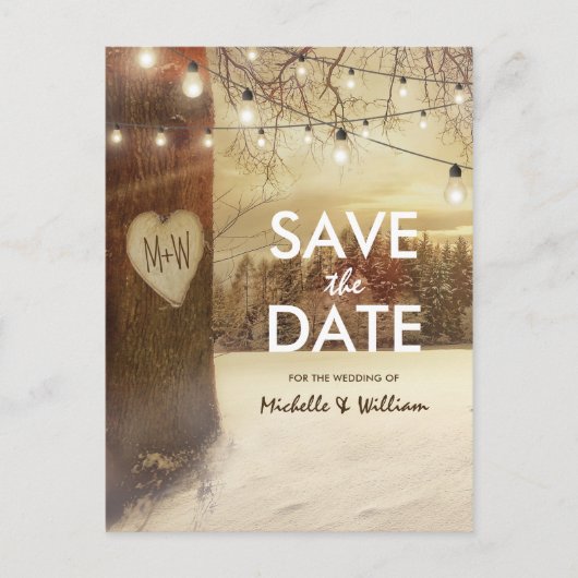 Rustieke Winter Tree Twinkle Lights Save the Date Aankondigingskaart (Voorkant)