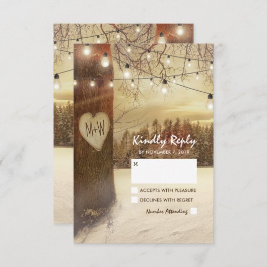 Rustieke Winter Tree Twinkle Lights Wedding RSVP (Voorkant / Achterkant)