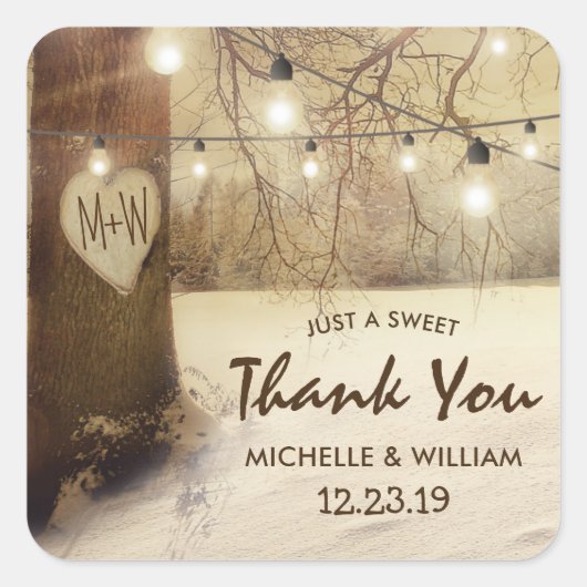 Rustieke Winter Tree Twinkle Lights Wedding Vierkante Sticker (Voorkant)