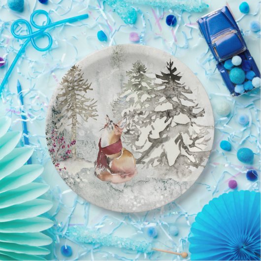 Rustieke Winter Vakantie Sneeuw Scène met Fox Papieren Bordje (Feest)