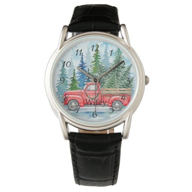 Rustieke Winter Wedding Truck Wifey gunst Horloge (Voorkant)
