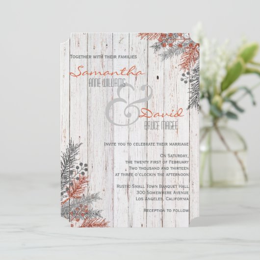 Rustieke winter witgewassen hout bruiloft uitnodig kaart (Staand voorkant)