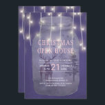 Rustieke Winter Wonderland Christmas Open House Kaart<br><div class="desc">Elegante vakantie / kerst winter wonderland thema Open House uitnodiging met een metselaar pot,  een rendier,  pijnbomen en strijkers van witte twinkle lichten op een donkerblauwe paarse middernacht / indigo krijtbord. Het witte en blush roze typografiescript voegt een moderne zakelijke stijl toe.           Geschikt voor zakelijke of familie seizoensgebonden evenementen.</div>