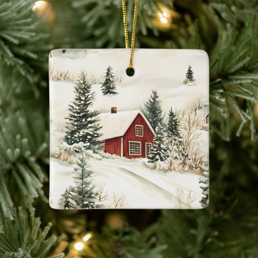 Rustieke Winter Woodland Cabin Kerstmis Keramisch Ornament (Boom)