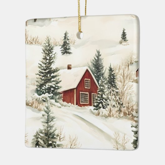 Rustieke Winter Woodland Cabin Kerstmis Keramisch Ornament (Links)