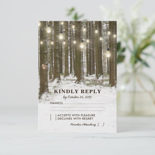 Rustieke Winter Woodland Tree Lights Wedding RSVP (Staand voorkant)