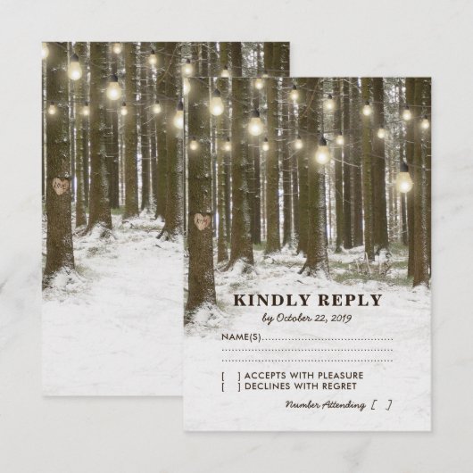 Rustieke Winter Woodland Tree Lights Wedding RSVP (Voorkant / Achterkant)