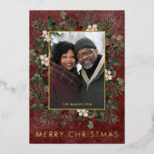 Rustieke winterbessen & dennen Bourgogne Kerstmis Folie Feestdagenkaart (Voorkant)