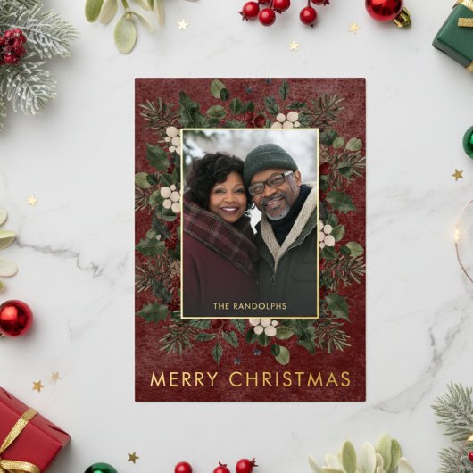 Rustieke winterbessen & dennen Bourgogne Kerstmis Folie Feestdagenkaart