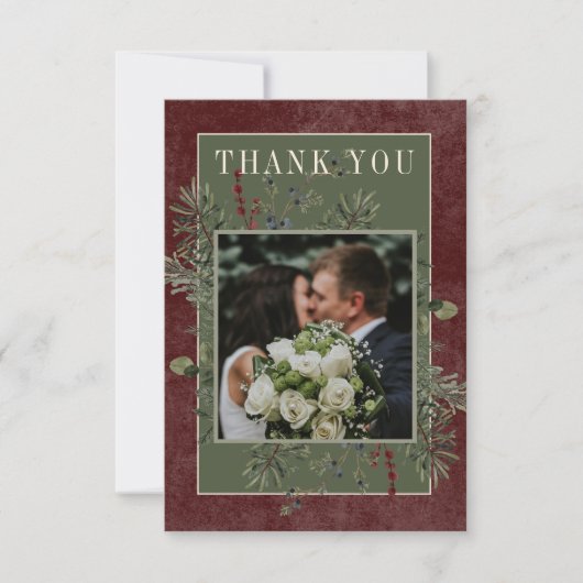 Rustieke winterbessen & dennen Bourgondische bruil Bedankkaart (Voorkant)