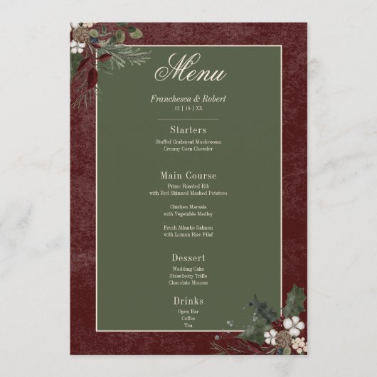 Rustieke winterbessen & dennen Bourgondische bruil Menu (Voorkant)