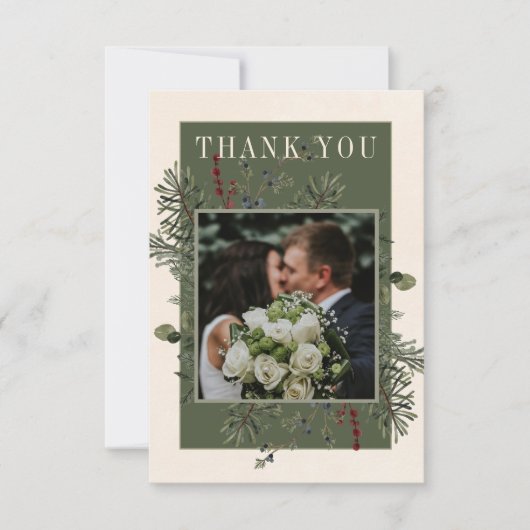 Rustieke winterbessen & dennenappel bruiloft bedankkaart (Voorkant)