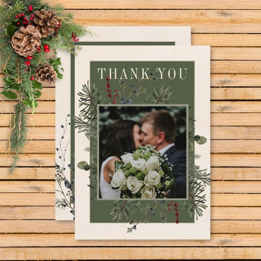 Rustieke winterbessen & dennenappel bruiloft bedankkaart
