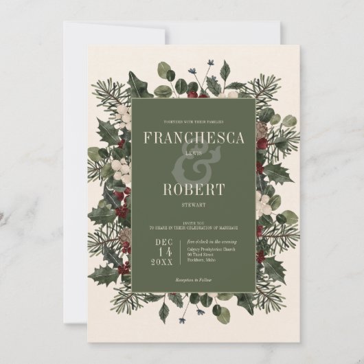 Rustieke winterbessen & dennenappel bruiloft kaart (Voorkant)