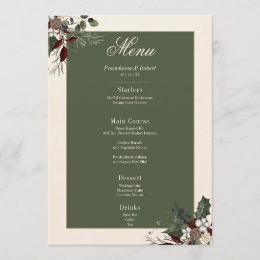 Rustieke winterbessen & dennenappel bruiloft menu (Voorkant)