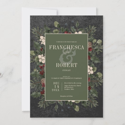 Rustieke winterbessen & dennenzwart bruiloft kaart (Voorkant)