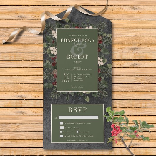 Rustieke winterbessen & dennenzwart diner all in one uitnodiging