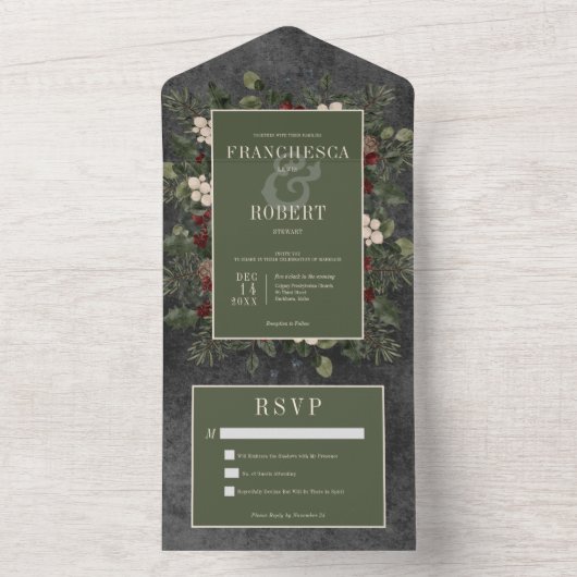 Rustieke winterbessen & dennenzwart Geen diner All In One Uitnodiging (Binnen)