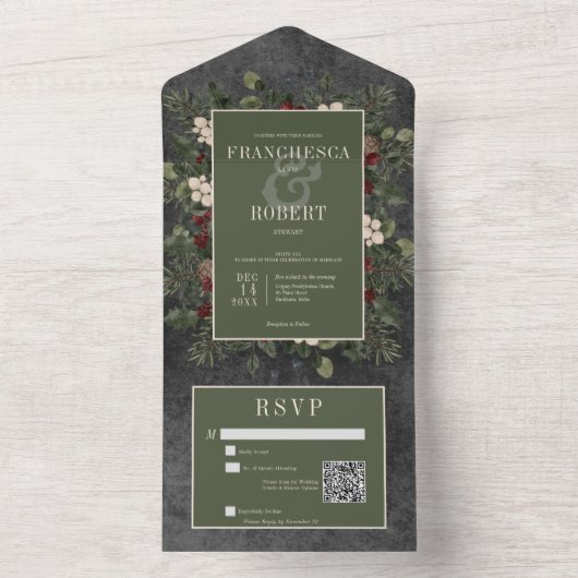 Rustieke winterbessen & dennenzwart QR-code All In One Uitnodiging (Binnen)