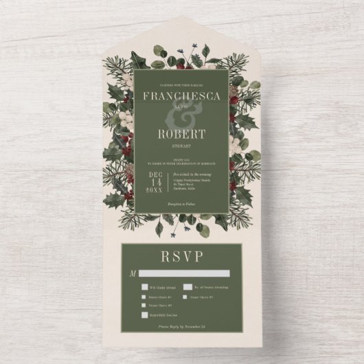 Rustieke winterbessen en dennencrème drie diners all in one uitnodiging (Binnen)