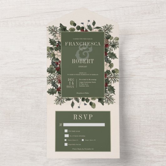 Rustieke winterbessen en dennencrème twee diners all in one uitnodiging (Binnen)