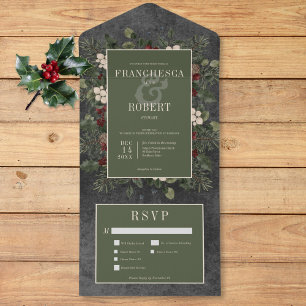 Rustieke winterbessen en dennenzwart drie diner all in one uitnodiging