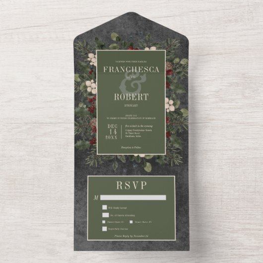 Rustieke winterbessen en dennenzwart twee diner all in one uitnodiging (Binnen)