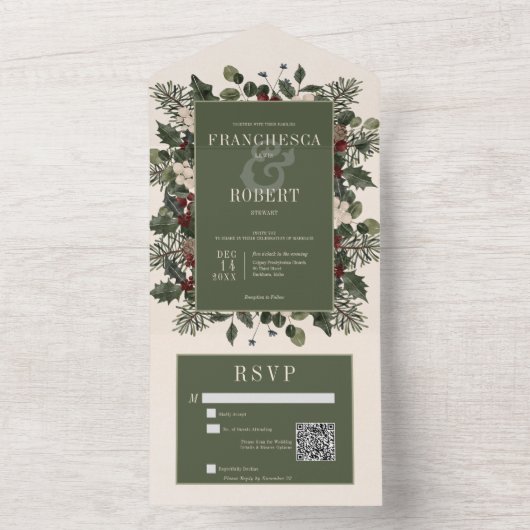 Rustieke Winterbessen & Pijnboom Crème QR Code All In One Uitnodiging (Binnen)
