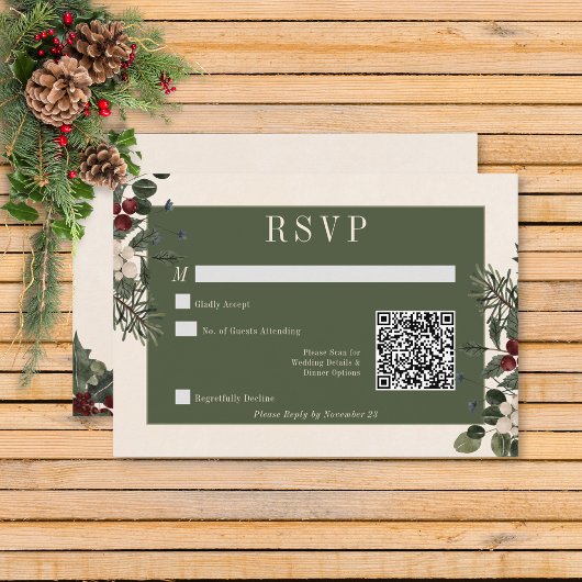 Rustieke winterbessen & Pine Cream QR-code bruilof RSVP Kaartje