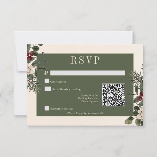 Rustieke winterbessen & Pine Cream QR-code bruilof RSVP Kaartje (Voorkant)