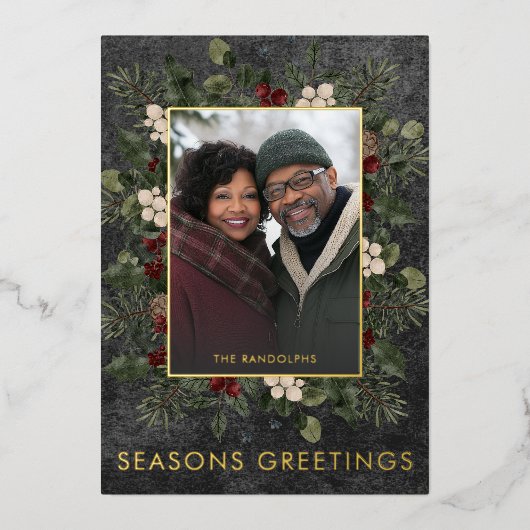 Rustieke winterbessen Zwarte kerstgroeten Folie Feestdagenkaart (Voorkant)