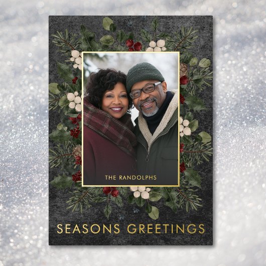 Rustieke winterbessen Zwarte kerstgroeten Folie Feestdagenkaart