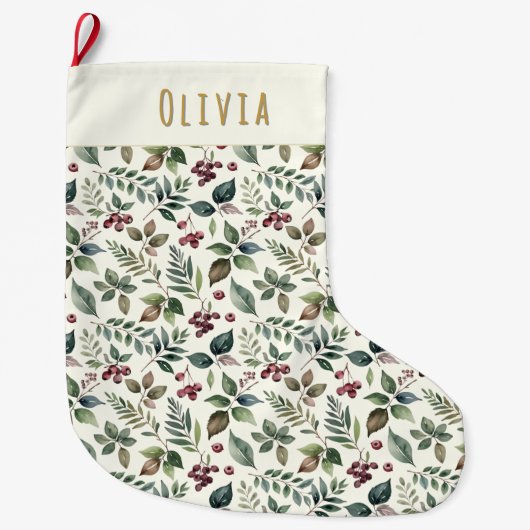 Rustieke winterbladeren en bessen gepersonaliseerd grote kerstsok (Voorkant)