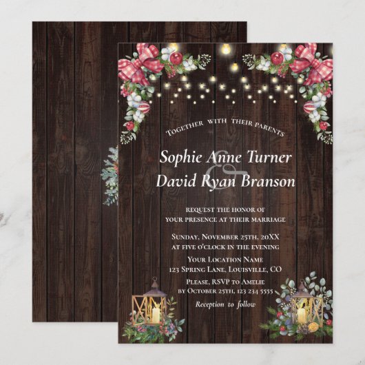 Rustieke Winterboeket Gingham Strik Houten Bruilof Kaart