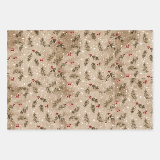 Rustieke winterbomen, botanicals, bloemen, sneeuwp inpakpapier vel (Voorkant 2)