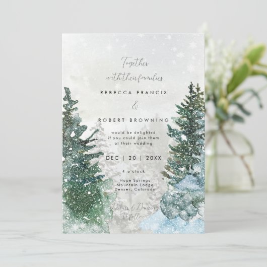 rustieke winterbomen sneeuw bruiloft uitnodiging (Staand voorkant)