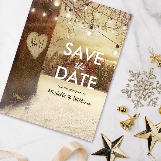 Rustieke winterboom twinkellichtjes Save the Date Aankondigingskaart