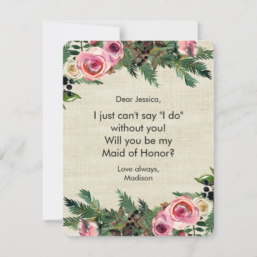 Rustieke winterburlap zal je mijn bruidsmeisje zij kaart (Achterkant)