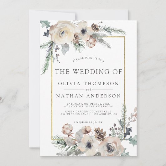 Rustieke Winterden Bloemen Goud Lijst Bruiloft Kaart (Voorkant)