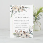 Rustieke Winterden Bloemen Goud Lijst Bruiloft Kaart (Staand voorkant)