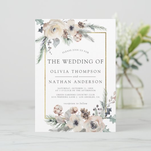 Rustieke Winterden Bloemen Goud Lijst Bruiloft Kaart (Staand voorkant)