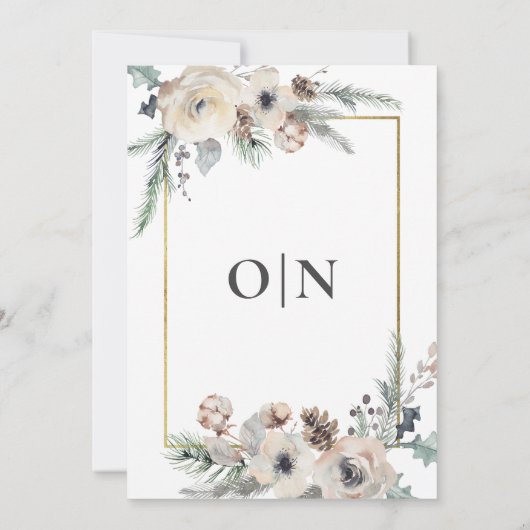 Rustieke Winterden Bloemen Goud Lijst Bruiloft Kaart (Achterkant)