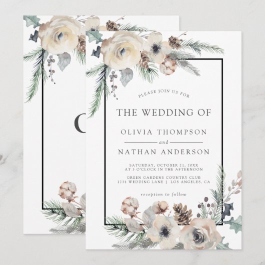 Rustieke Winterden Bloemen Zwart Lijst Bruiloft Kaart (Voorkant / Achterkant)