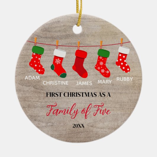 Rustieke Winterfamilie van vijf Sokken Ornament (Voorkant)