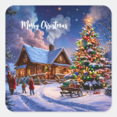 Rustieke winterhut Knus Kerstmis Besneeuwd bos Vierkante Sticker (Voorkant)