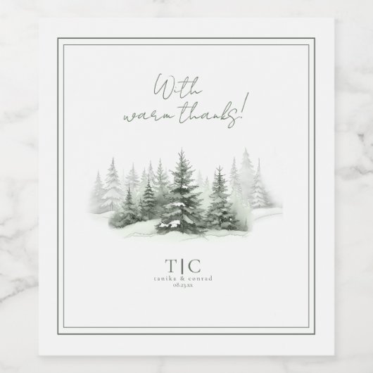 Rustieke winterhuwelijkskaarten dank je bosgroen I Wijn Etiket (Enkel label)