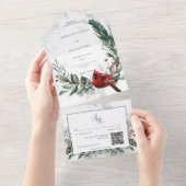 Rustieke winterkrans & rode kardinaal QR-code All In One Uitnodiging (Afscheurbaar)
