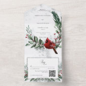 Rustieke winterkrans & rode kardinaal QR-code All In One Uitnodiging (Binnen)
